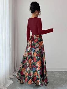 Elenzga 标准尺码女士优雅印花方领长袖连衣裙 - 紅色 - 查看 2