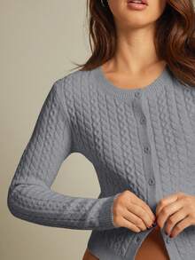 WESTFADE Mix Stitch Cable & Rib Knit Crew-Neck Button Front Cardigan Sweater Fall Autumn For Women Country Concert - Light Grey - View 4