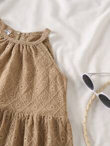 Tween 女童夏季休闲纯色纹理面料挂脖层叠下摆连衣裙