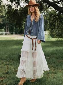 Freevana Áo sơ mi nữ tay dài cổ chữ V màu trơn, thắt nơ phía trước, kiểu dáng rộng rãi, phong cách boho, áo denim nữ, áo kiểu boho cho nữ, áo kiểu miền Tây. - Màu xanh lam - Xem 3