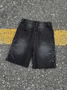 SHEIN 青少年男孩时尚休闲 Y2K 复古酷炫闪亮字母水钻设计黑色宽松牛仔短裤，日常穿着，春夏秋冬皆宜，适合返校、返校节、锐舞派对、海滩街头风，闪亮水钻短裤，闪耀牛仔短裤 - 黑色 - 查看 2