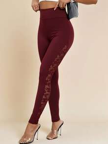 Amorya Women's Solid Color High Waist Contrast Lace Leggings - Maroon - View 4