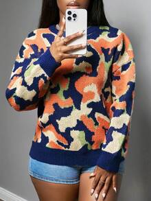 Slaydiva Women's Autumn Navy Blue Casual Streetwear Pullover Sweater,Crew Neck Color Block Fuzzy Knit Long Sleeve Dropped Shoulder Y2k Top For Any Occasion - Multicolor - View 4