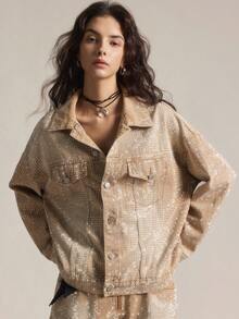 Easelle Áo khoác denim giặt đính đá pha lê cổ điển dành cho nữ - màu nâu - Xem 4