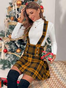 SHEIN LUNE 新年服装：格子印花纽扣装饰吊带裙 - 黃色 - 查看 4