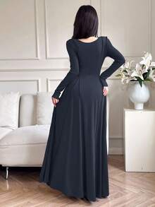 Modelyn 女士纯色V领长袖牙签条纹设计休闲连衣裙 - 灰藍色 - 查看 2