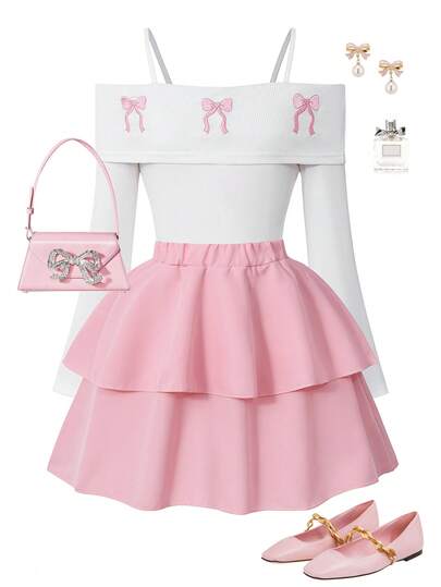 SHEIN Sparklyn Tween Girls' Fashion Elegant T-Shirt Set, White Knit Top Paired With Black Woven Cake Skirt, Top Decorated With Black Bow, Skirt With Pearl Embellishment