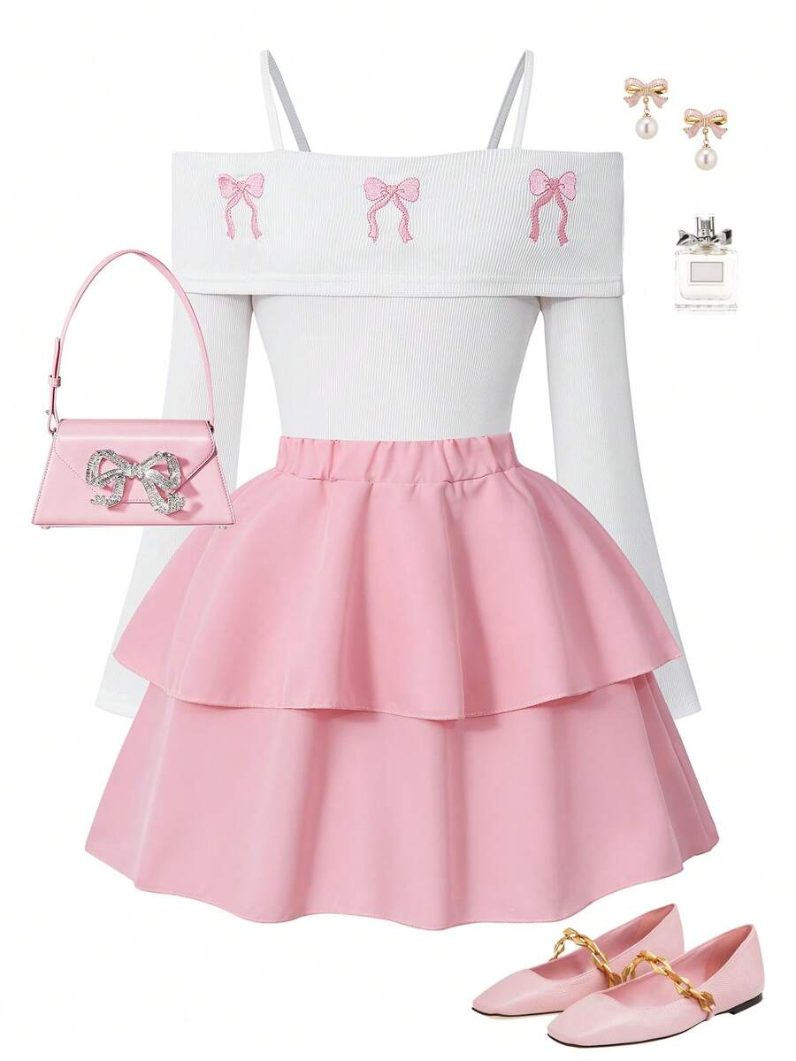 SHEIN Sparklyn Tween Girls' Fashion Elegant T-Shirt Set, White Knit Top Paired With Black Woven Cake Skirt, Top Decorated With Black Bow, Skirt With Pearl Embellishment - Pink - View 1