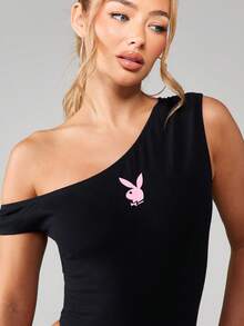 Missguided x Playboy Asymmetric Off Shoulder Bodysuit With Logo Detail One Shoulder Design Fitted Sleeveless Top For Casual Everyday Wear Spring Summer Fashion - Black - View 6