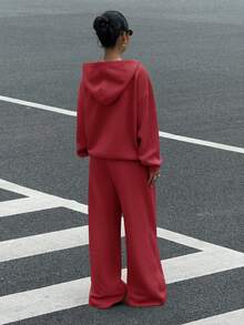 Muchica Women's Burgundy Thermal Lined Casual Loose Hoodie And Sweatpants Set, Christmas Ladies 2-Piece Outfit - Burgundy - View 2