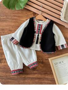 Newborn Baby Girl Cute Color Block Geometric Pattern Long Sleeve Shirt & Elastic Waist Pants Set - Black and White - View 5