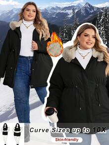 SHEIN CURVE+ Abrigo acolchado con capucha y cordón ajustable en la cintura, unicolor, talla grande y curvilínea - Multicolor - Ver 1