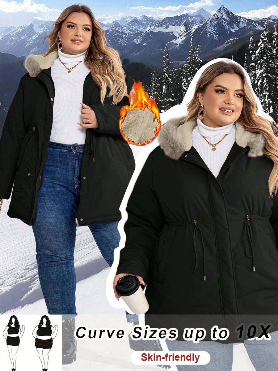 SHEIN CURVE+ Abrigo acolchado con capucha y cordón ajustable en la cintura, unicolor, talla grande y curvilínea - Multicolor - Ver 1