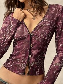 SoleilVie Áo thun ôm sát in họa tiết hạt điều đơn hàng khuy dành cho nữ, phong cách Bohemian - Nhiều màu - Xem 2