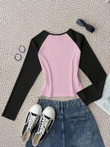 SHEIN Áo thun dệt kim gân dài tay cổ tròn in hình ngôi sao và ngôi sao năm cánh màu xanh navy và hồng cho bé gái tuổi mới lớn, phong cách retro, mùa xuân và mùa thu - Hồng - Xem 2