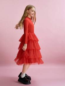 Tween Girl Solid Color Mandarin Collar Long Sleeve Patchwork Multi-Layer Mesh Ruffle Hem Cute Dress - Red - View 5