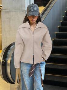 Muchica 女式灰色长袖拉链休闲常规夹克秋冬女装 - 杏色 - 查看 5