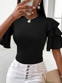 INAWLY Plus Size Women's Elegant Elegant Simple Versatile Solid Color Layered Sleeve Fitted Black T-Shirt, Summer - Black - View 5