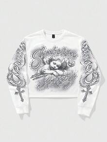 ROMWE MEN Street Life Teen Boy Letter & Cross Print Crew Neck Long Sleeve Pullover Sweatshirt - White - View 4