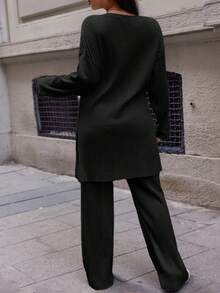Cotton Plus Drop Shoulder Split Hem Tee & Pants - Black - View 2