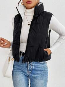 SHEIN Frenchy Áo khoác đệm cổ đứng không tay màu tương phản có thể đảo ngược cho nữ, mùa thu/đông - Đen và trắng - Xem 4