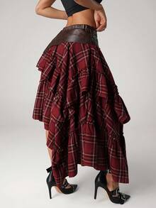 SHEIN ICON Women's Waist Buckle Design Plaid Ruffle Asymmetric Hem Fashionable A-Line Skirt - Brown - View 2