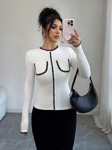 Selianne Casual Commuter Contrast Trim Fitted Long Sleeve Top - Beige - View 5