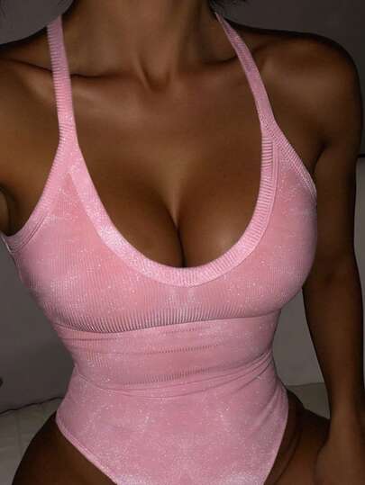 Rovax Women's Solid Color Shiny Sexy Camisole Bodysuit