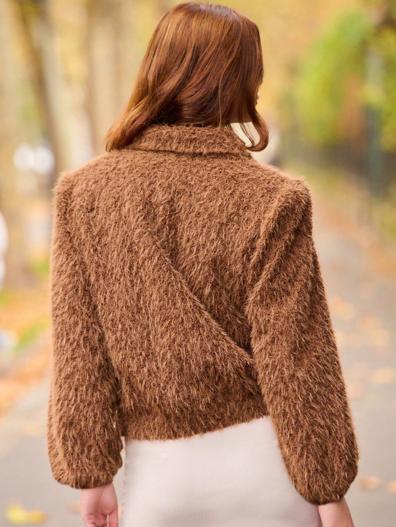 Brown Faux Fur Jacket With Wide Collar And Front Button Closure Spring Summer Look Brown Jacket Fluffy Brown Jacket Going Out  New Year