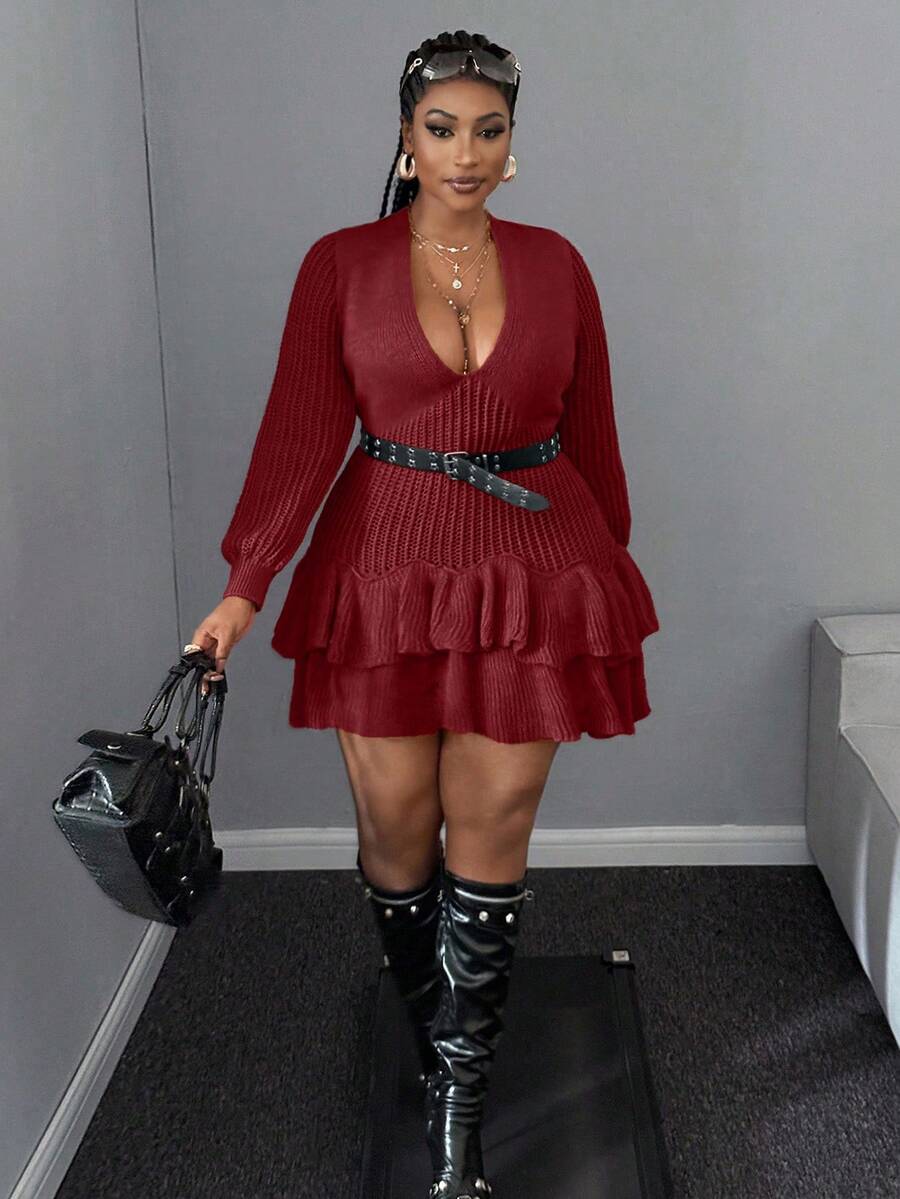 Maweii Plus Size Women Casual Solid Color Ruffle Hem Deep V-Neck Sweater Dress - Red - View 1