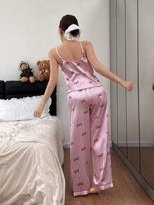 Dream Adore Women Pink Satin Striped Bow Print Sleeveless Spaghetti Strap Long Pajama Set Babydoll Pajama Set Lingerie Pajamas Set Pajama Set Women Women Summer Sets - Pink - View 2