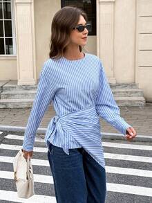 Serisse Women's Elegant Blue And White Stripe 2-Piece Set,Asymmetric Drop Shoulder Long Sleeve Shirt With Shawl,Autumn Office Commute Minimalist Blouse Top - Blue and White - View 6