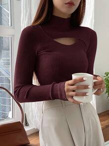 DAZY Sweater Turtleneck Lengan Panjang Minimalis Warna Polos untuk Wanita, Cocok untuk Sehari-hari - Redwood - View 3