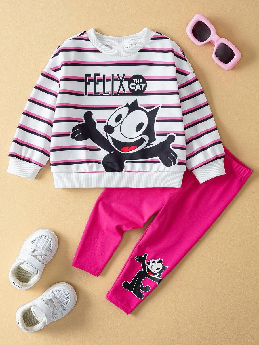 SHEIN Felix The Cat Baby Girl Striped Letter & Cat Print Crew Neck Sweatshirt And Pants Set, Autumn - Hot Pink - View 1