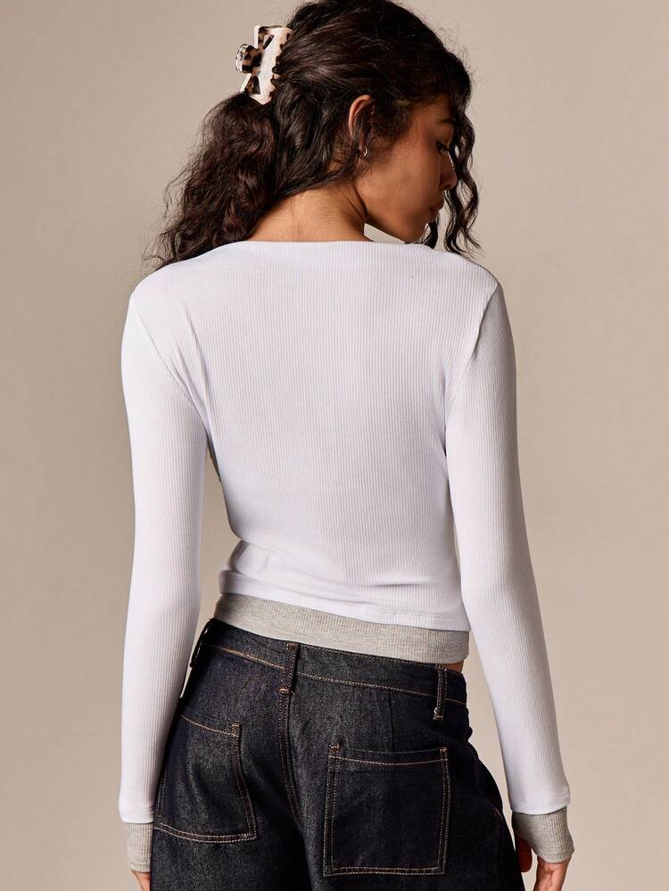 Ribbed Boat Neck Top With Thumbholes