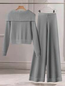 Franclia Bộ 2 áo len dệt kim trơn màu thường ngày cho nữ, áo khoác cardigan cài nút cổ bẻ và quần dệt kim có túi nơ phía trước - Màu Xám nhạt - Xem 2