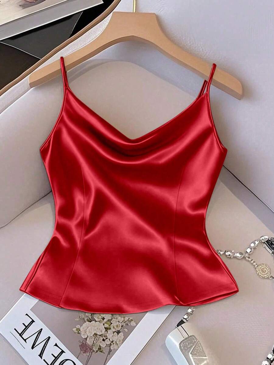 GlowEve Women's Shiny Woven Fabric Sleeveless Gathered Waist Fitted Casual Camisole, Suitable For Spring, Autumn And Winter - Red - View 1
