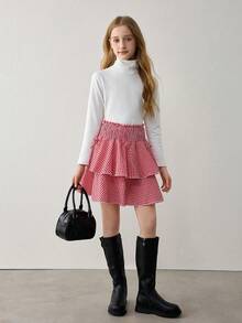 Tween Girls' Casual Plaid Layered Mini Skirt, Summer - Red - View 5