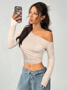 SHEIN EZwear 女士亮片褶皱斜肩长袖T恤 - 杏色 - 查看 5