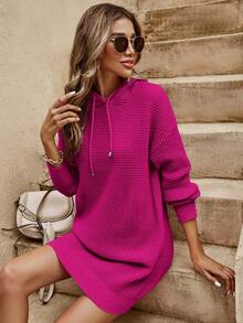 SHEIN Cottnline Drop Shoulder Drawstring Hooded Sweater Dress - Purple - View 4