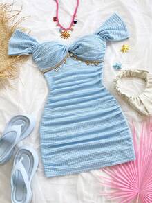 Soleia Robe moulante à épaules dénudées en maille tricotée pour les vacances - Bleu ciel - Voir 7