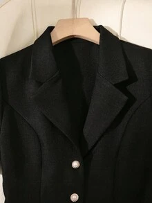 Franclia Petite Women's Lapel NeckBamboo Knit Fabric, Front Metal Buckle Pearl Metal Mushroom Button Fabric Mid-Length Dress Dress With Belt Black Dress Classy Elegant Collared Dress Collar Dress  Spring To Summer - Black - View 3