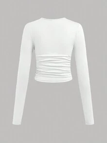 SHEIN Girlism 3pcs/Set Teen Girl Solid Color Crew Neck Ruched Long Sleeve T-Shirts - Blue - View 9