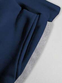 Manfinity LEGND Plus Size Men's Contrast Color Patchwork Crew Neck Long Sleeve Sweatshirt And Drawstring Waist Pants Set, Fall Winter Clothes