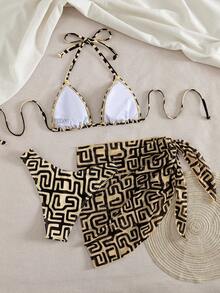 Swim Vcay Women's Beach Spring/Summer Music Festival Asymmetrical Graphic Pattern Print Halter Triangle Bag, High Cut PantsSkirtrt 3-Piece Bikini Set - Multicolor - View 3