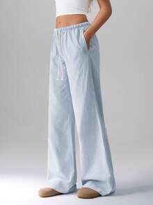 Flirla 粉色棉质抽绳腰直筒裤，女士时尚休闲家居服，春季