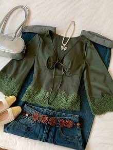 Comfortcana Elegant Army Green Women's V-Neck Bow Tie Waist Flare Sleeve Lace Patchwork Shirt,Autumn Tea Party Casual Satin Y2K Christmas New Year Winter Clothes - Green - View 7