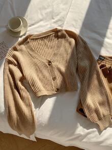 SHEIN EZwear 灯笼袖前扣罗纹针织开衫，长袖上衣 - 卡其色 - 查看 6