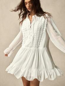 SoleilVie 女士撞色蕾丝纽扣半开襟喇叭袖时尚迷你连衣裙 - 白色 - 查看 7