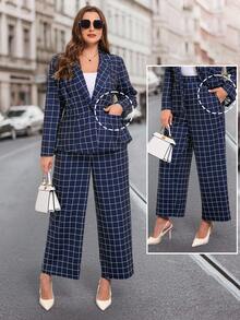 SHEIN Clasi Plus Size Women's Suit Set,Elegant Blazer Jacket And Long Pants Outfit,Plaid,Navy Blue,Summer,Office Wear,Commuting,White,Spring,Autumn,Winter,Pockets - Blue and White - View 7